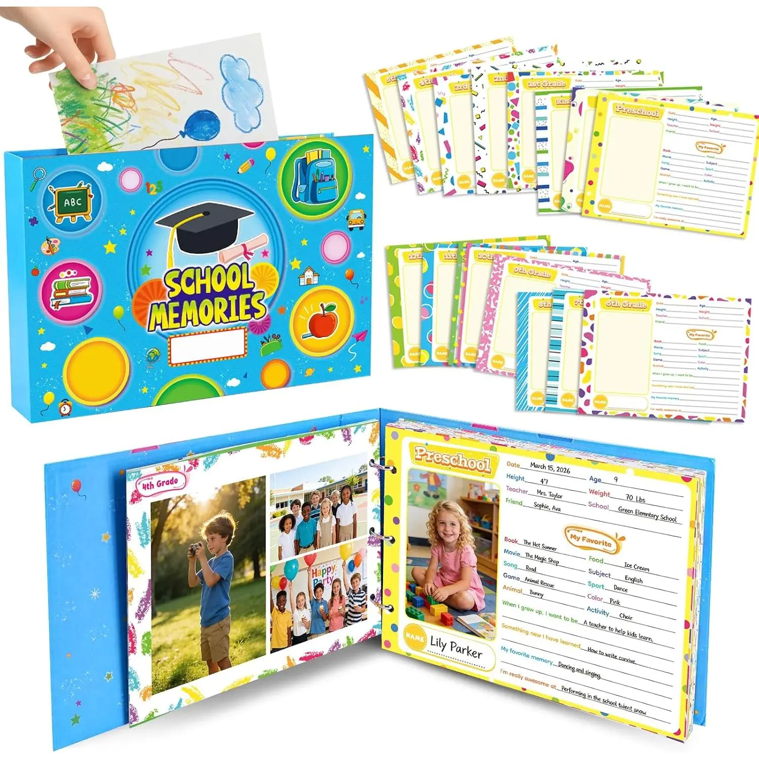 Modern School Memory Book Photo Album Kit with Photo-Pages, 15 Keepsake Storage Pockets for 1st-12th Grade First & Last Day Scrapbook Portfolio (Home Supplies, Home Decor)
