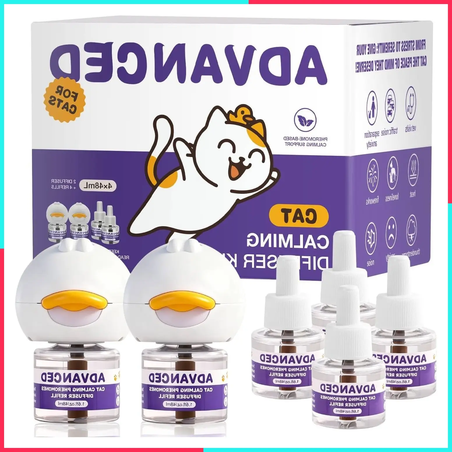 Cat Calming Diffuser Kit with 2 Diffusers & 4 Refills (48mL Each), Pheromone Diffuser for Cat Anxiety Relief, Stress Reduction & Behavior Support, 30-Day Refills, Suitable for All Cats