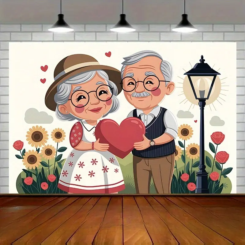 Vintage Floral Heart Polyester Tapestry - Lightweight Print Backdrop for Grandparents’ Anniversary, Room Photo Decor, Home Wall Accents