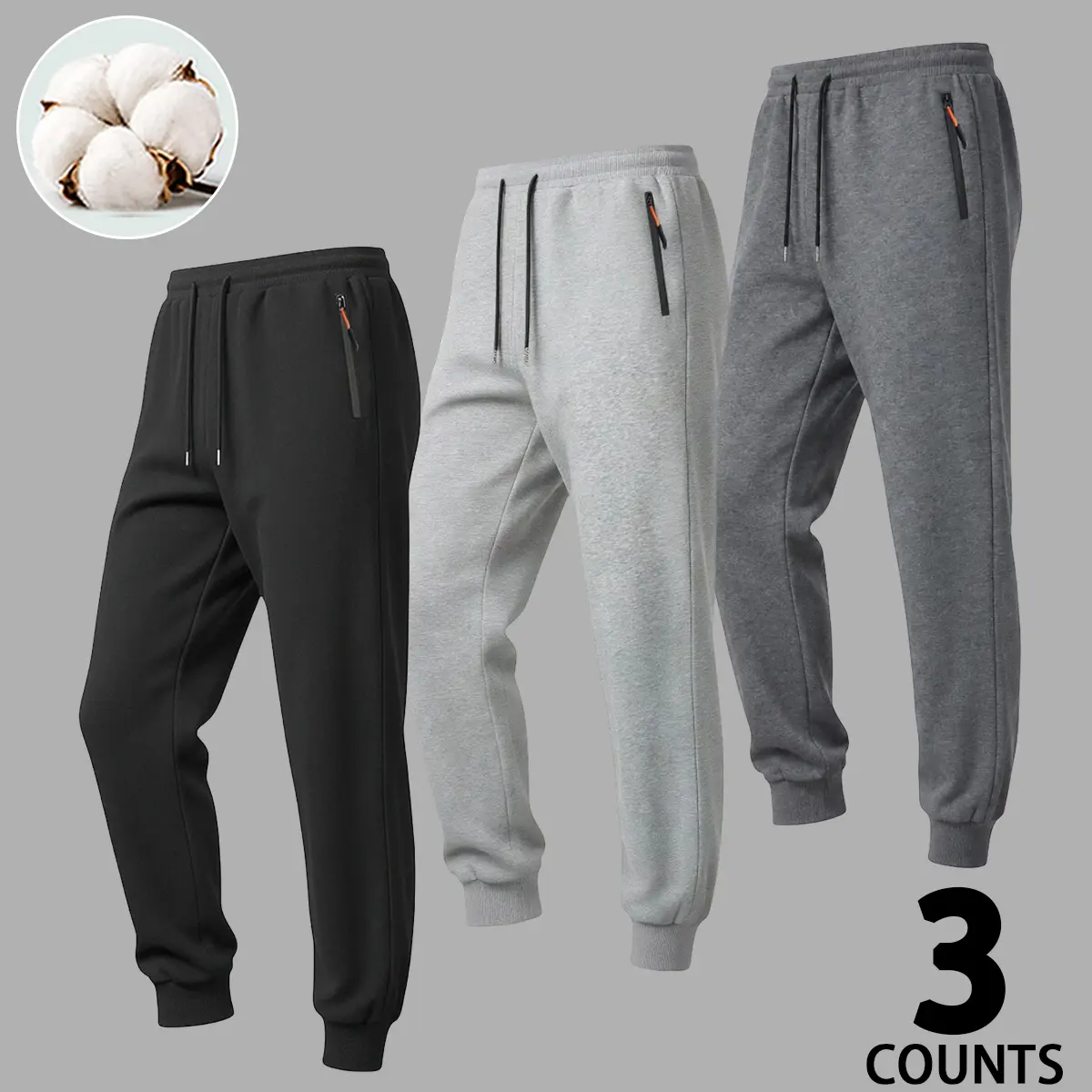 Men 3 Pack Cotton‑Blend Pants Soft Skin‑Friendly Fabric Adjustable Drawstring Waistband Secure Zipper Storage Pockets Tapered Rib Cuff Design Relaxed Fit Jogger Multipack Sweatpants Great For City Commute Weekend Trip Dating And Daily Casual Styling