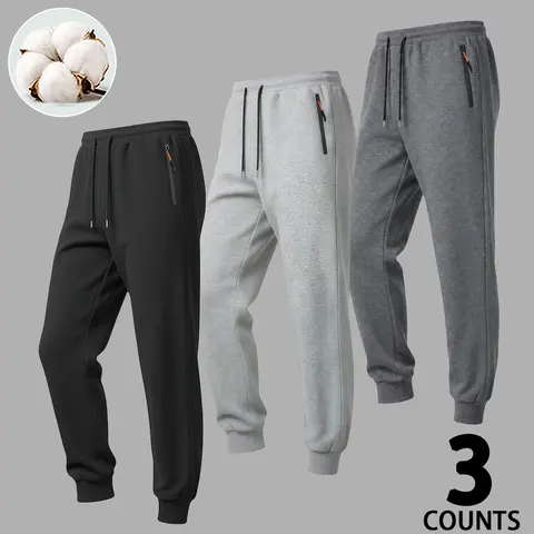 Men's 3 Pack Cotton Blend Joggers Mens Clothing, Streetwear Clothing, Cuffed Sweats, Active Men's Pants with Mid Waist Adjustable Drawstring, Zippered Pockets, Tapered Ribbed Cuffs, Plain Relaxed Fit for City Commute, Daily Casual