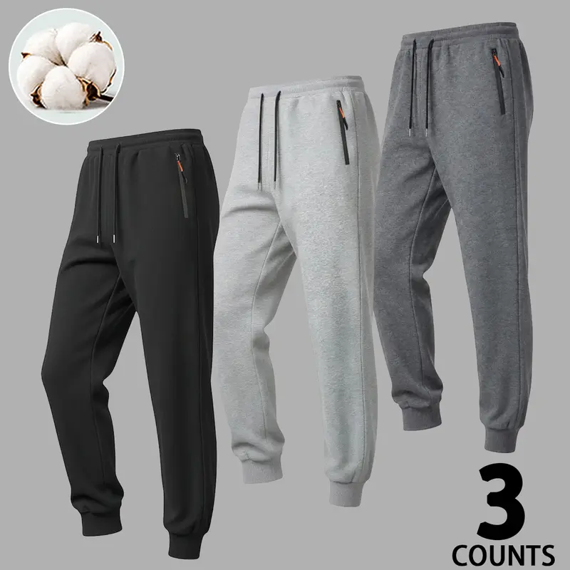 Men's 3 Pack Cotton Blend Joggers Mens Clothing, Streetwear Clothing, Cuffed Sweats, Active Men's Pants with Mid Waist Adjustable Drawstring, Zippered Pockets, Tapered Ribbed Cuffs, Plain Relaxed Fit for City Commute, Daily Casual