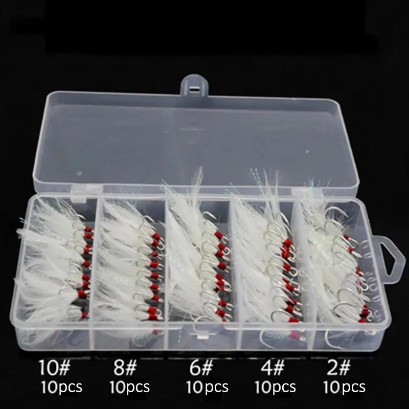 50pcs Feathered Treble Hooks Set Dressed Triple Hook Strong Pull Lure Fishing Hook with Feathers Fishing Accessories Fishing Supplies