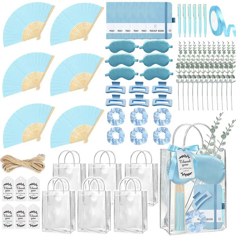 Bridal Shower Wedding Summer Game Winner Prizes, Guest Thank You Gift Set with Handheld Fan, Notebook, Pen, Eye Mask, Scrunchie, Grapple, Bottle Opener Keychain, Gift Bag, Eucalyptus, Thank You Card