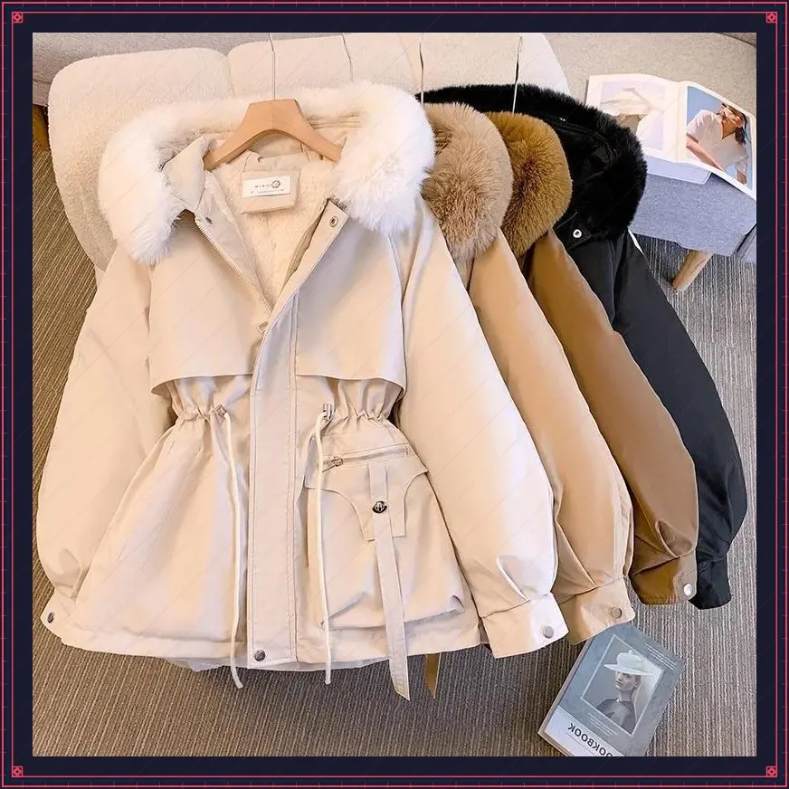 Fleece Lined Hood Down Jacket Winter Coat for Women Warm Drawstring Padded Parkas Korean Casual Streetwear Female Puffer Outwear Womenswear AsianGift