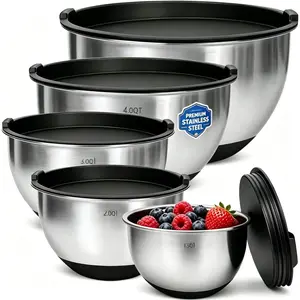 Mixing Bowls with Airtight  Set, 22 count Thicker Stainless Steel Mixing Bowl Set, Large Prep Metal Bowls, Non-Slip  Base Nesting Bowls for Kitchen, 1.5/2/3/4/5 QT, Black