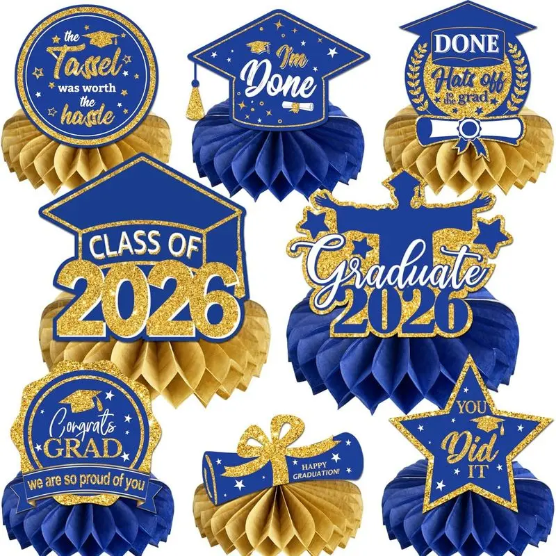 Graduation Decorations Class of 2026 Blue Grad Honeycomb Centerpieces |   Congratulate Graduation Table Toppers for Graduation Party Supplies (Blue Gold)