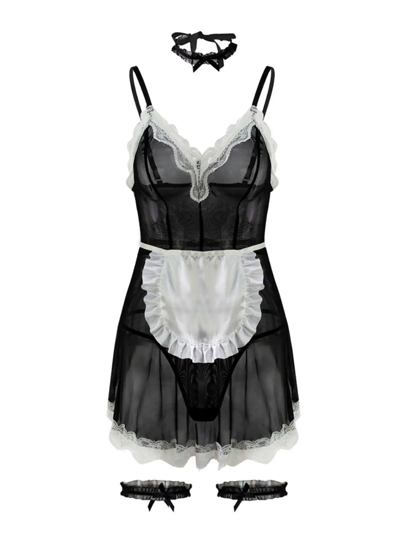Women's Strappy Lingerie Set Costume, Sheer Lace Splice Role Play Outfit with V-Cut Panty, Ideal for Private Parties & Valentine's Gifts  babydoll bra and sheer blouse curvy altgirl baddie pajamas shorts bra with bow senior pj pants