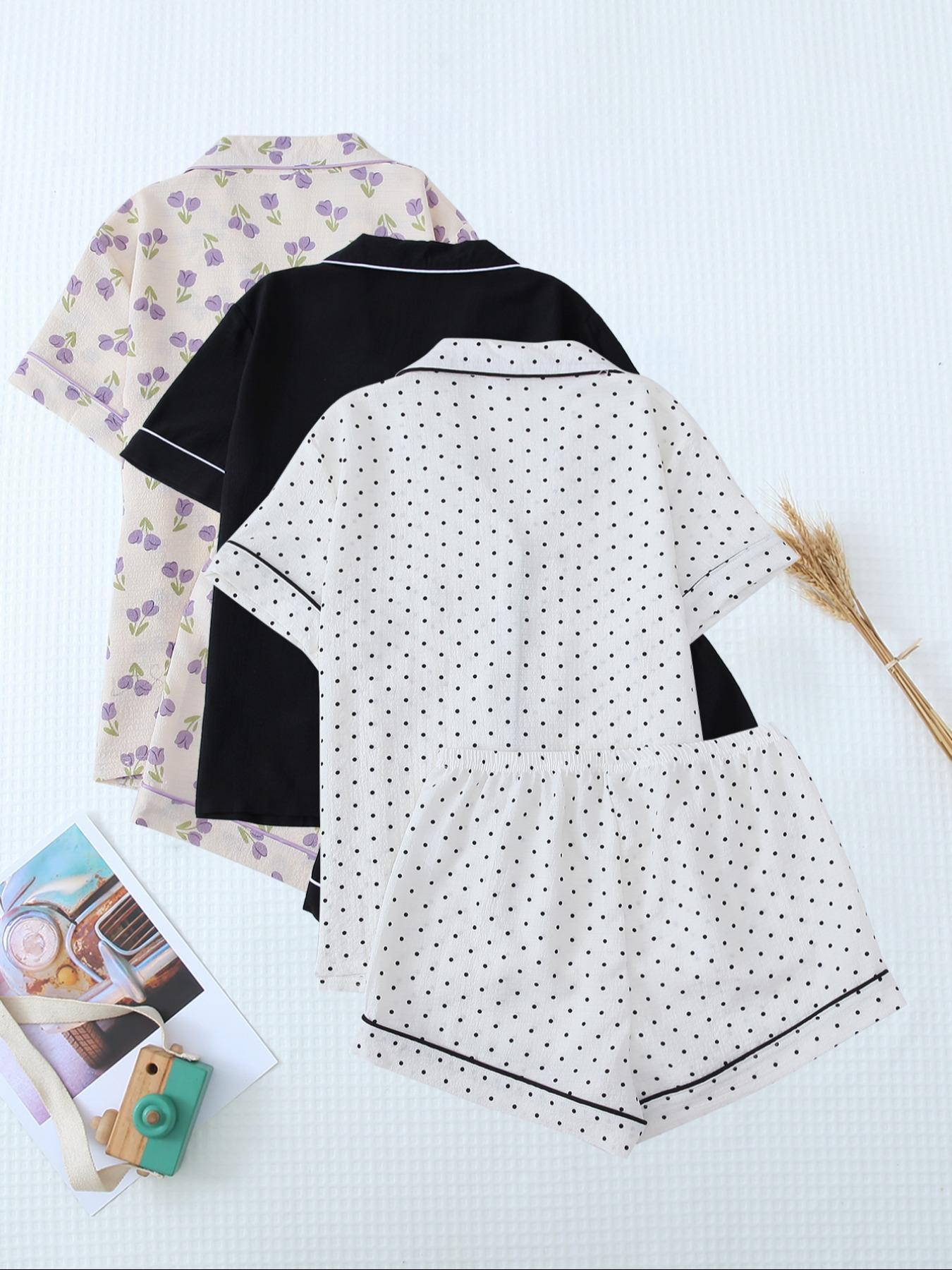 Women's Heart/All Over Fruit Print Contrast Binding Pyjama Set, Short-Sleeve Lapel Neck Button Up Top & Elastic Waist Shorts PJ Set, Casual Comfy Loungewear Set for Women, Nightwear Pajamas