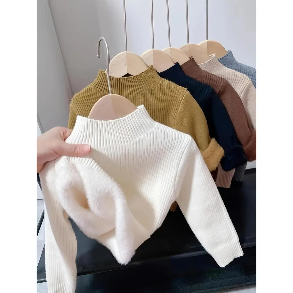 Boys' 100% Polyester Knitted Sweater - Crew Neck, Velvet Collar, Thickened Poly Base Layer, Fall/Winter Thermal, Casual Wear, Preppy Look, Solid Colors Knitted Tops