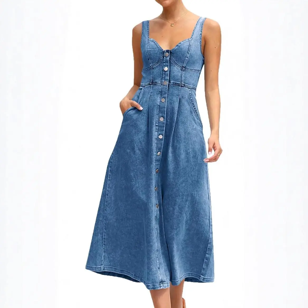Women's 2026 Summer Blue Denim Casual Elegant Sleeveless Plaid Old-Strap Single-Row Button Medium-Length Denim Dress, Denim Dresses