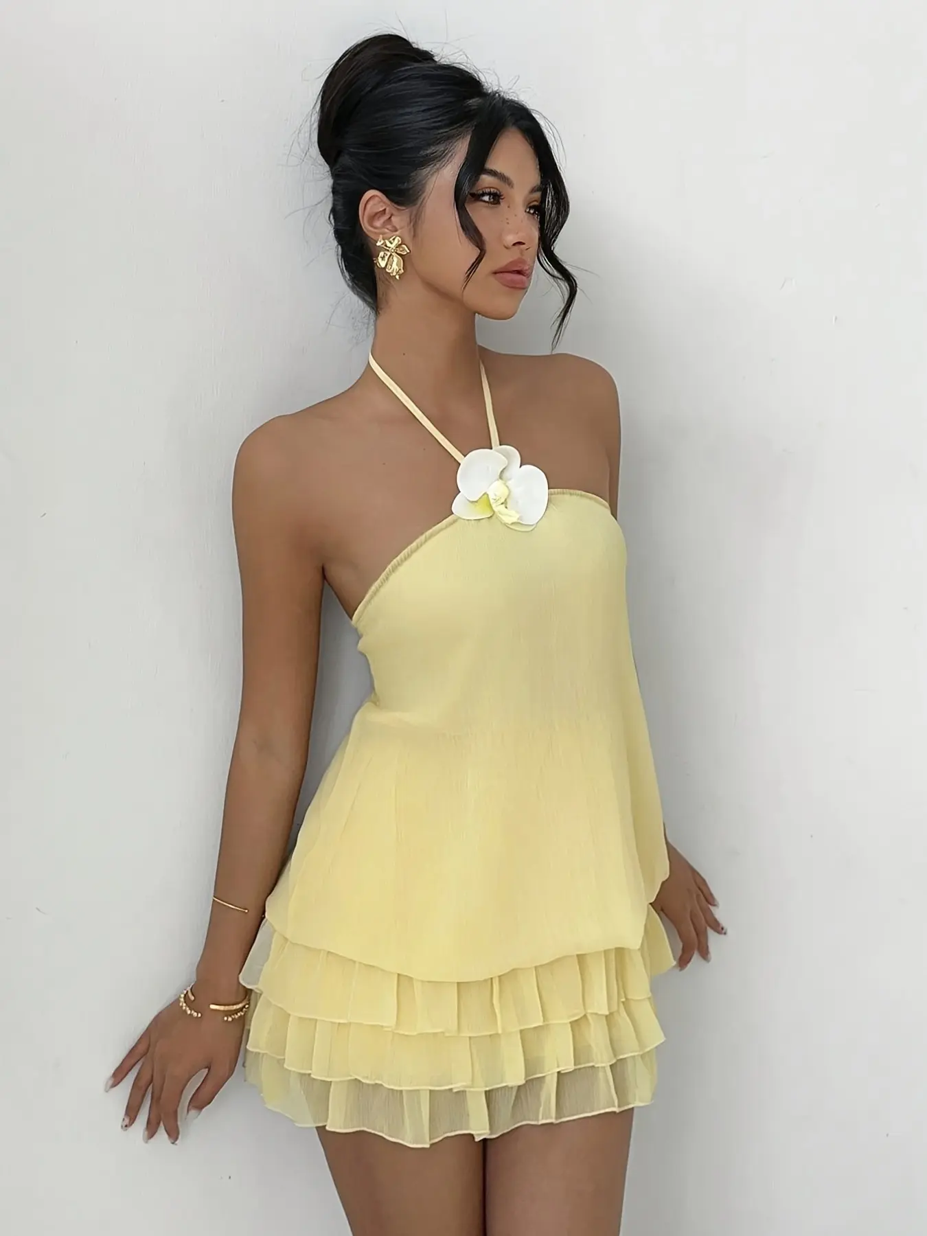 POV: You're the main character at a summer garden party! 🌼 This Butter Yellow Halter Sleeveless Dress with the 3D flower detail is literally everything.