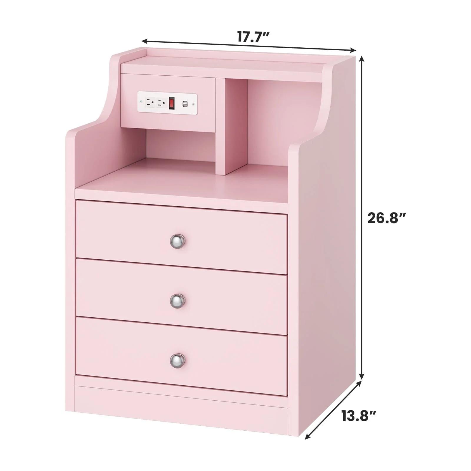 Sikaic Nightstand with 3 Drawers Charging Station Pink Bedside Cabinet Makeup Dressing Desk Bedroom Table Modern Accent Tables