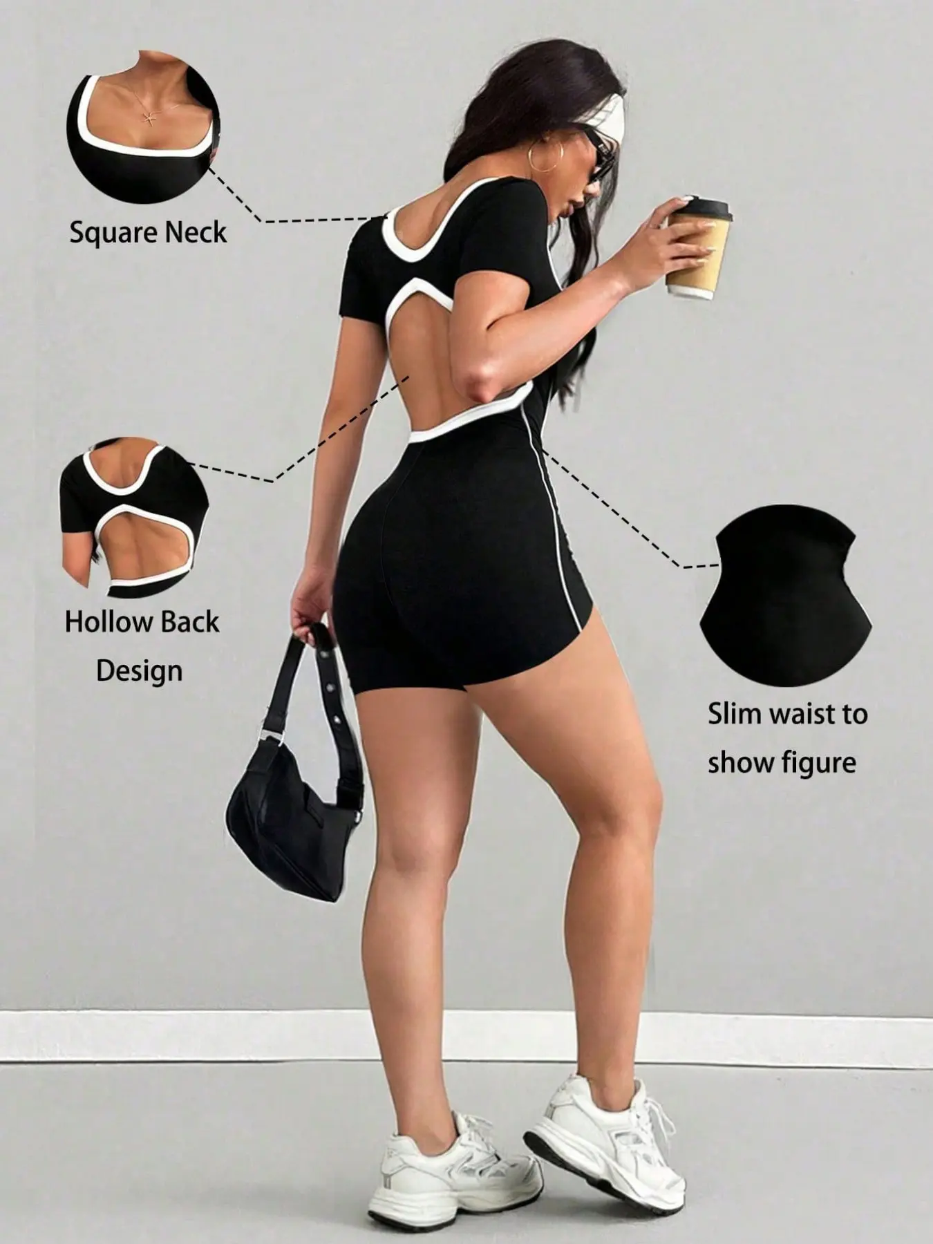 Women's Colorblock Square-Neck Short-Sleeve Sports Romper, Workout Rompers, Slim-Fit Activewear Fitness Outfit Athleisure for Running and Fitness