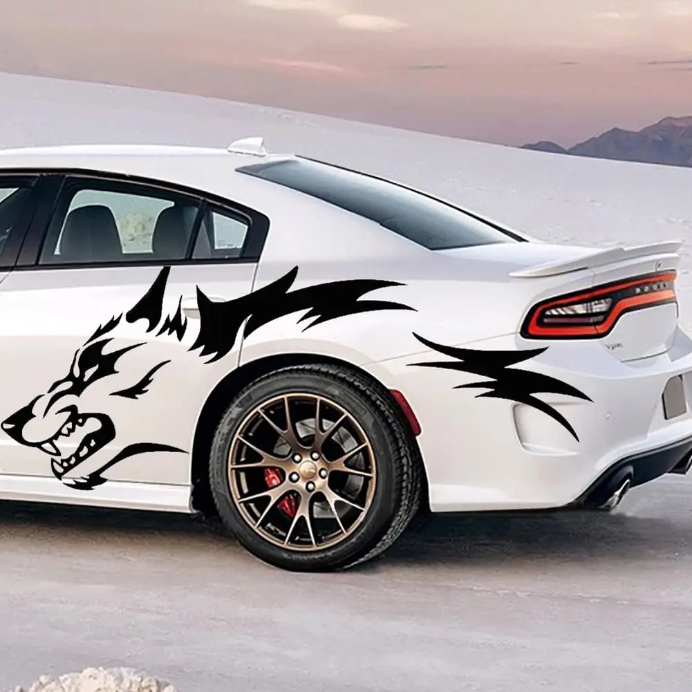 2Pcs Wolf Totem Vinyl Car Decals - Featuring Tribal Tattoo Designs, Self-Adhesive Side Door Wolf Decal, Suitable for SUV, Off-Road Vehicles, Car Hood, Trunk - Glossy Surface, Irregular Shapes, Universal Waterproof Vinyl Sticker, Car Styling Decals