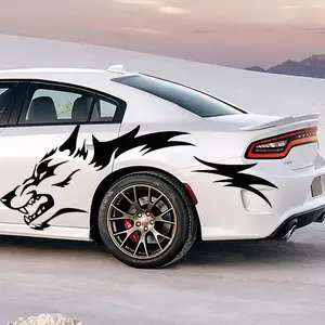 2Pcs Wolf Totem Vinyl Car Decals - Featuring Tribal Tattoo Designs, Self-Adhesive Side Door Wolf Decal, Suitable for SUV, Off-Road Vehicles, Car Hood, Trunk - Glossy Surface, Irregular Shapes, Universal Waterproof Vinyl Sticker
