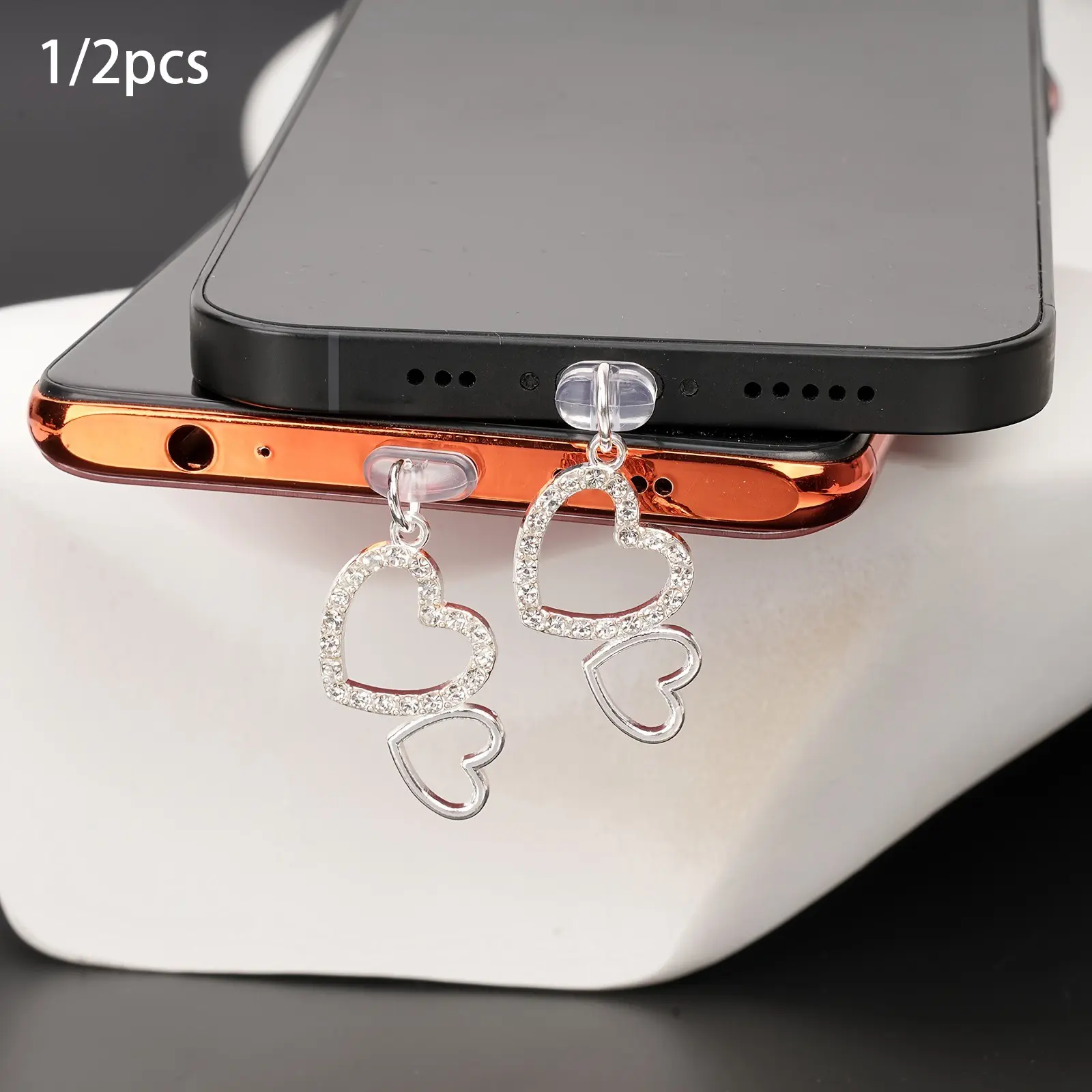 1/2Double Heart Pendant Charm with White Rhinestones, Mobile Phone Dust Plug, Compatible with for Iphone, Type-C & Android Port Hanging Decorati Phone Charms