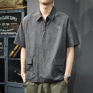 [Same-Frequency] 2026 New American Retro Zipper Polo Shirt Men's Trendy Loose Plus Size Short Sleeve Summer Quick-Dry Turn-Down Collar T-Shirt | Free gift Cuban Link Chain