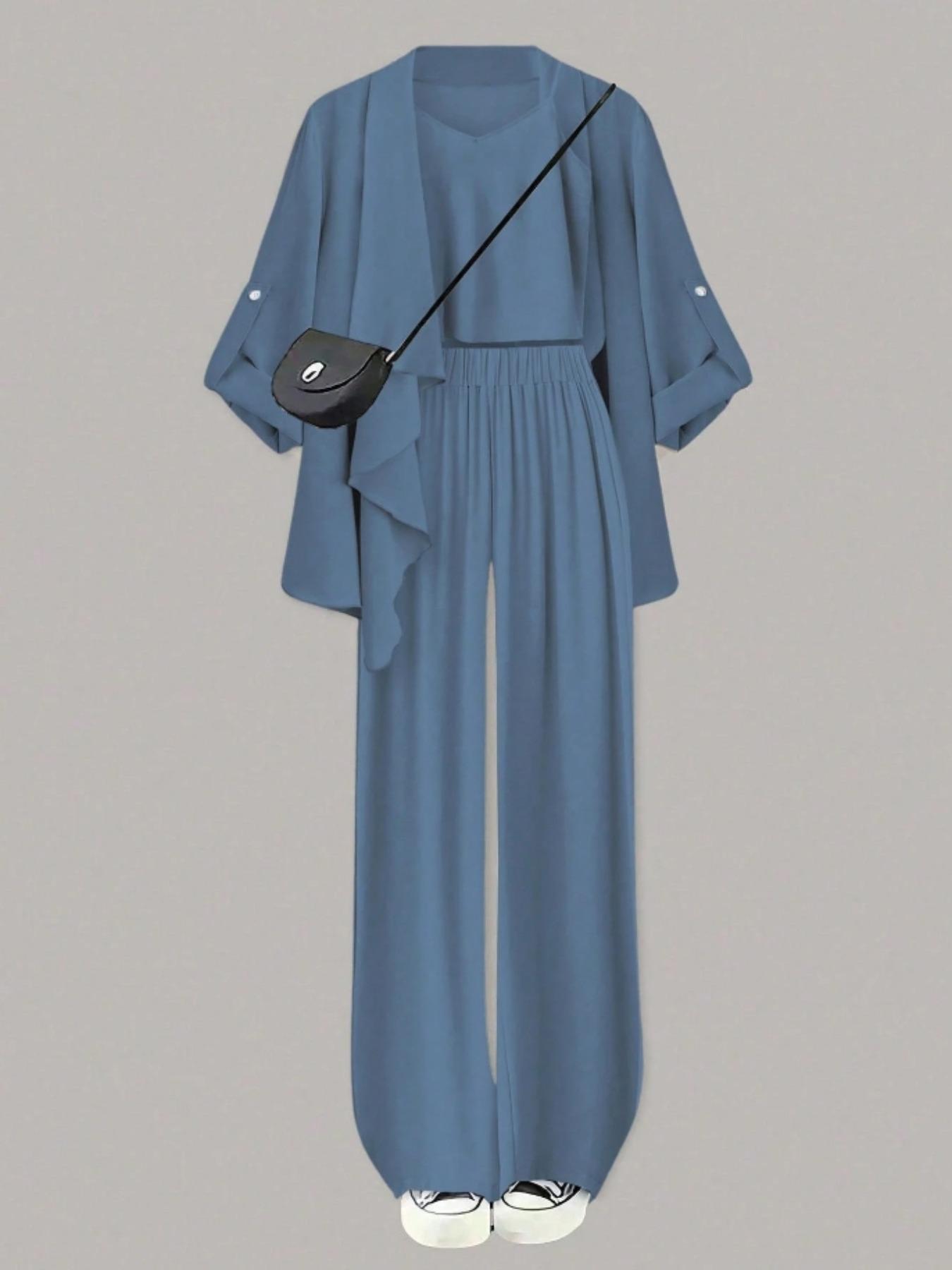 Plus Size Women's Solid Color Three-Piece Set, Spaghetti Strap Vest, Open Front Cardigan, Loose-Fit Pants, Casual Winter Womenswear