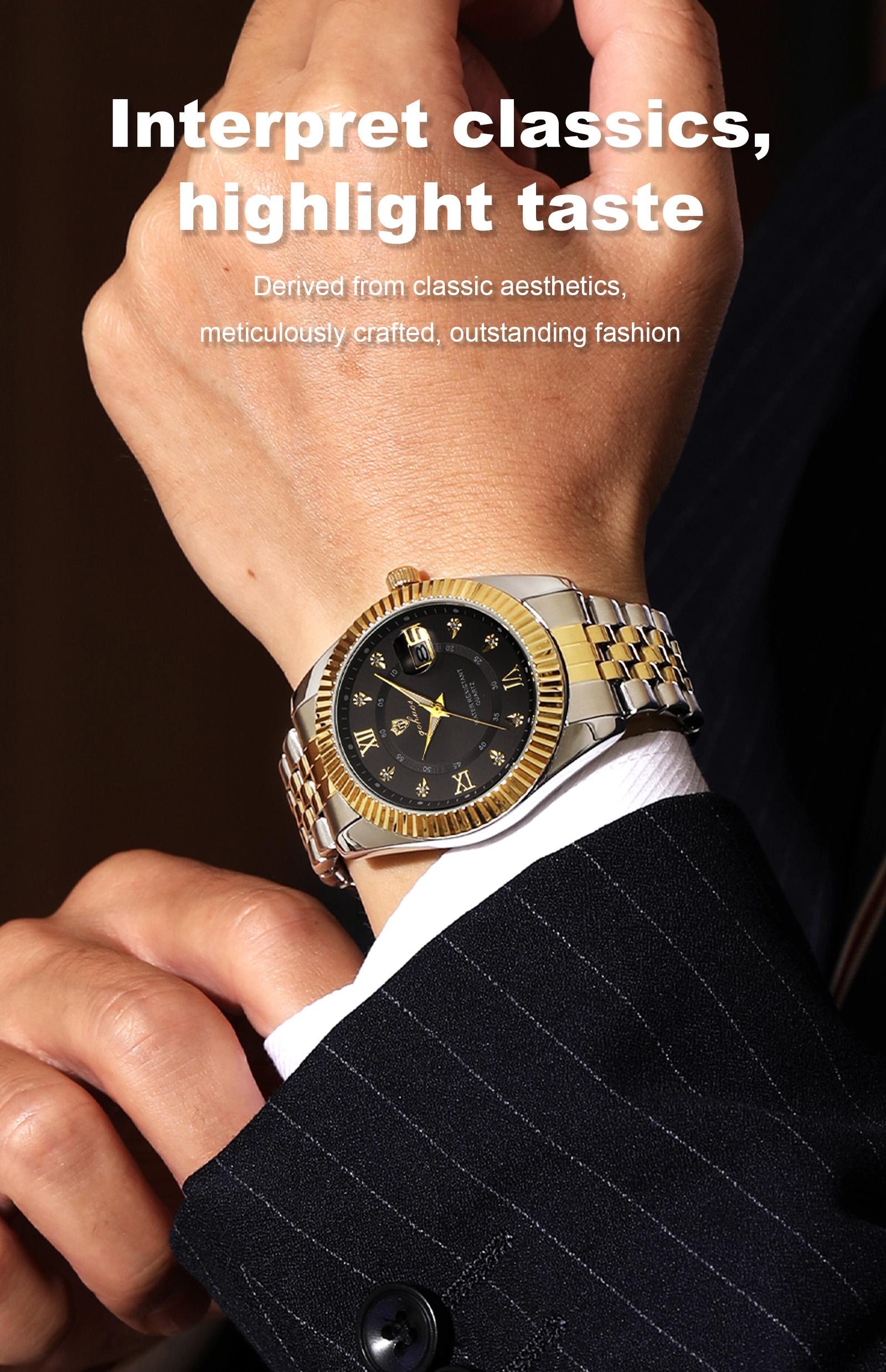 GOHUOS Spring Style Upgrade: Timeless Men’s Watches Men's Classic Luxury Quartz Watch with Diamond Accents, Date Display, Stainless Steel Strap, 3ATM Water Resistance, Elegant Log-Style Design, Perfect Gift for Him