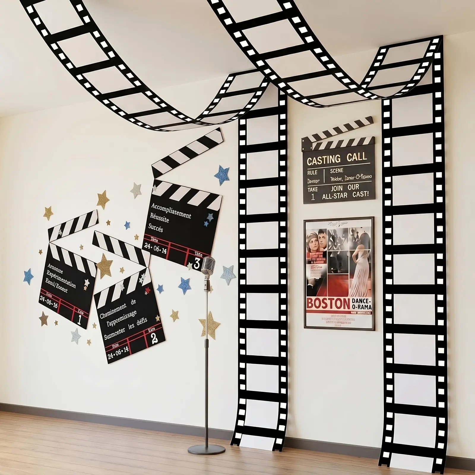 2 Film Roll Banners, 78"x12" Movie Theme Fabric Background, Hanging Rope Glue Dots, Home Theater Party Decor