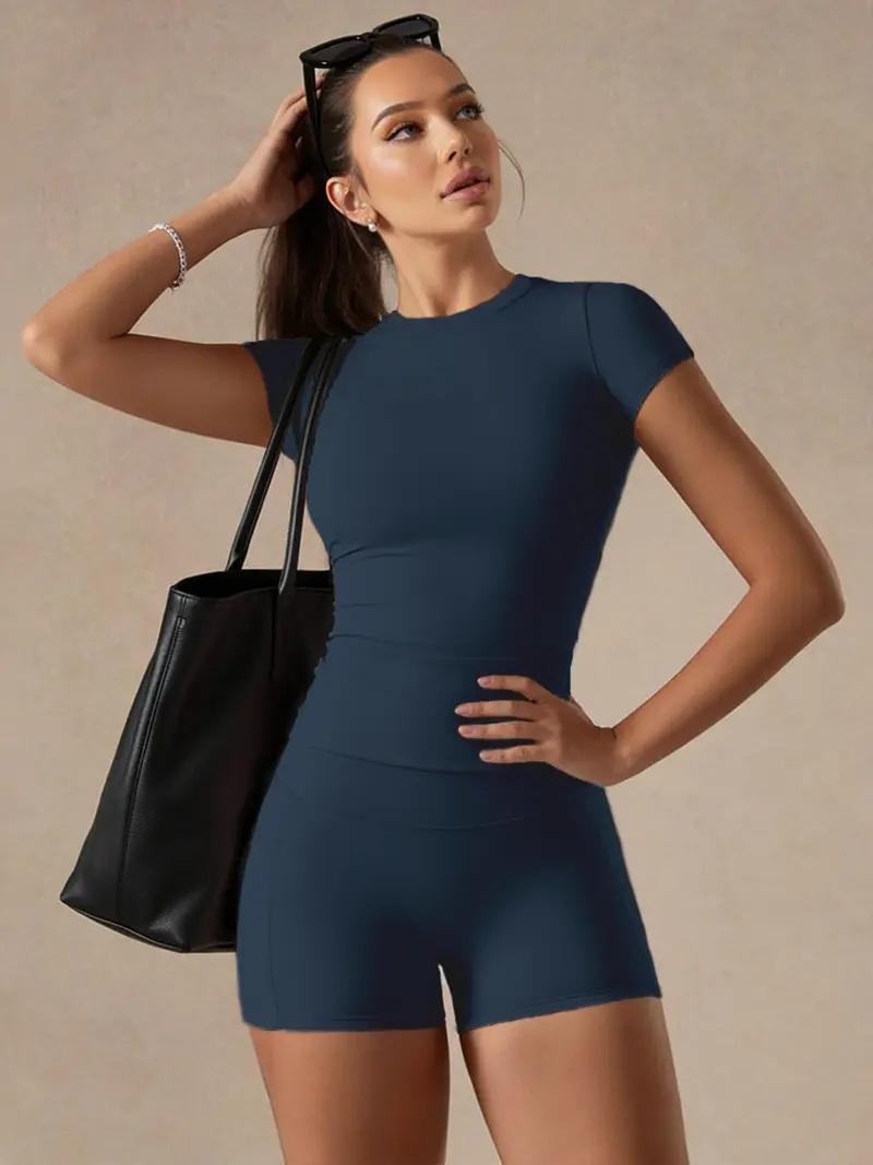 Women's Solid Color Basic 2-Piece Set – Versatile T-Shirt & Booty Sculpting Gym Shorts, Multi-Purpose Yoga Fitness Outfit for Workout & Daily Wear