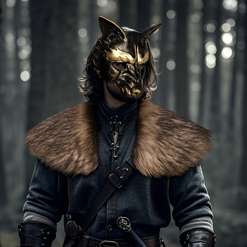 Viking Men's Faux Fur Shawl Collar with PU Mask Set, Anubis Costume LARP Winter Cosplay, Red Fluffy, Bestie Crewneck Clothes Menswear Gamis Brown