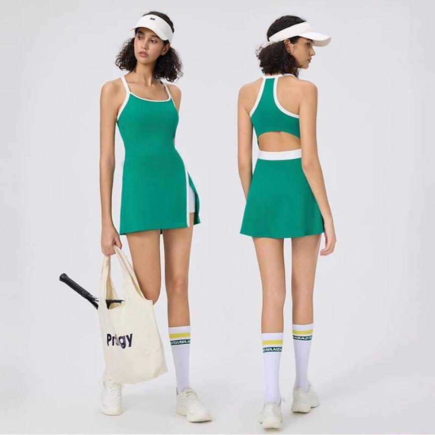 Tennis Dress with Shorts Women Golf Wear Gym Workout Clothes Sleeveless Backless Badminton Dresses Lady Summer Casual Skirts, Women's Backless Tennis Dress with Built-in Shorts, Breathable Golf Activewear for Summer