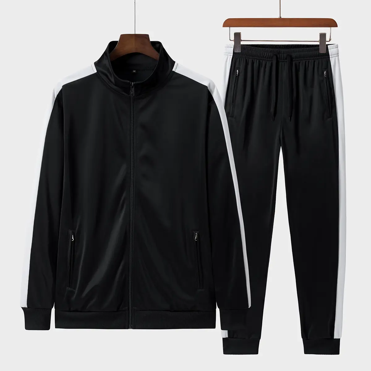 Men's Matching Tracksuit 2-Piece Casual Set - Long Sleeve Colorblock Full-Zip Jacket, Cuffed Ankle Jogger Pants with Zipper Pockets, High Recognition, Machine Washable, Stripe, Sporty Chic, Daily Wear, Athletic, Gym Workout Clothes, Polyester Clothes, Whi
