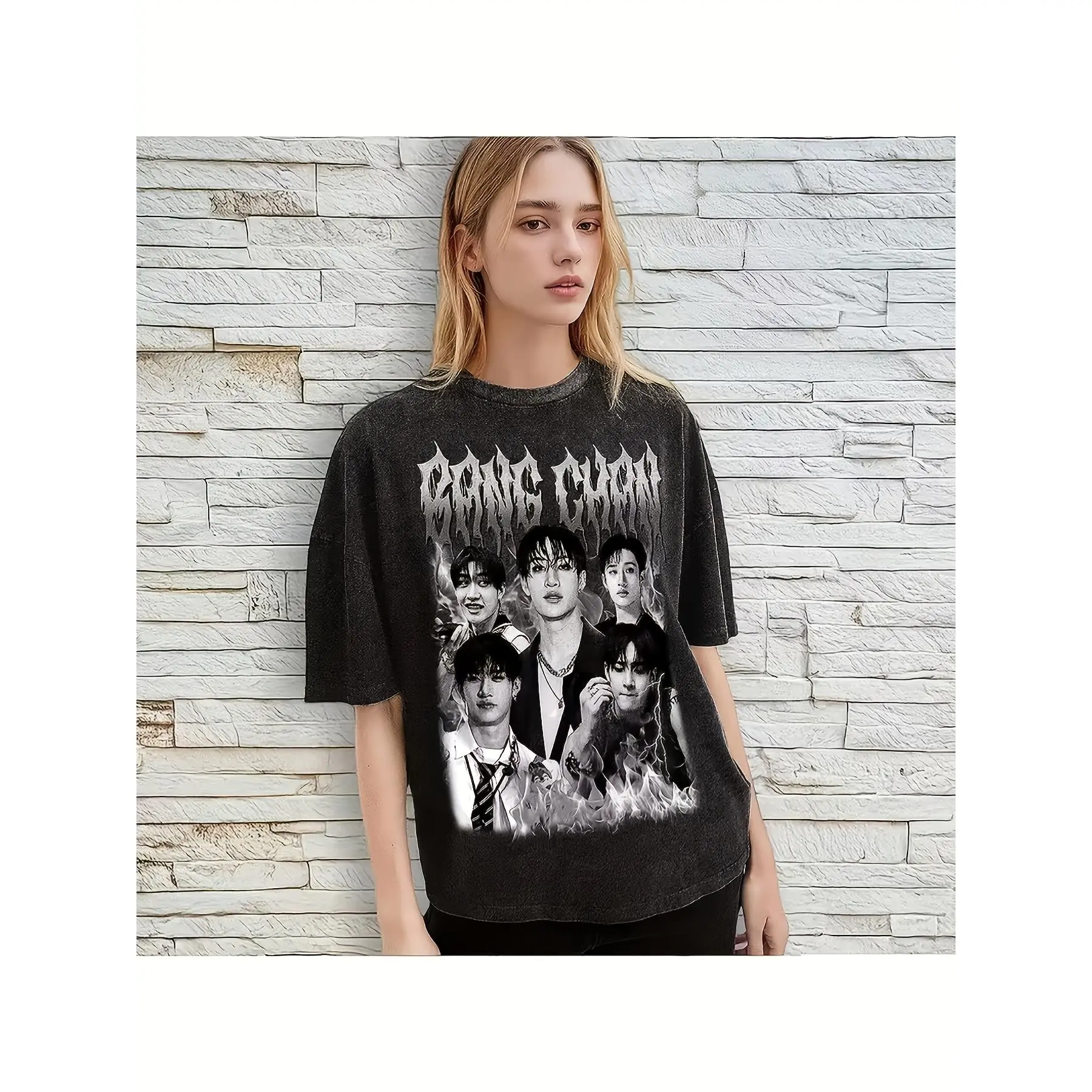 Men's 90s Vintage Style Bangchan T-Shirt, Simple Casual Graphic Print Top in 100% Cotton, All Seasons Menswear for Fans, Machine Wash