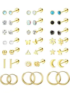 21Pairs Surgical Steel Flat Back Earrings For Women Men Hypoallergenic 20G Screw Back Nap Stack Cartilage Earring Stacks Minimalist Ear Studs Hoop Earrings Set Black/Gold/Silver