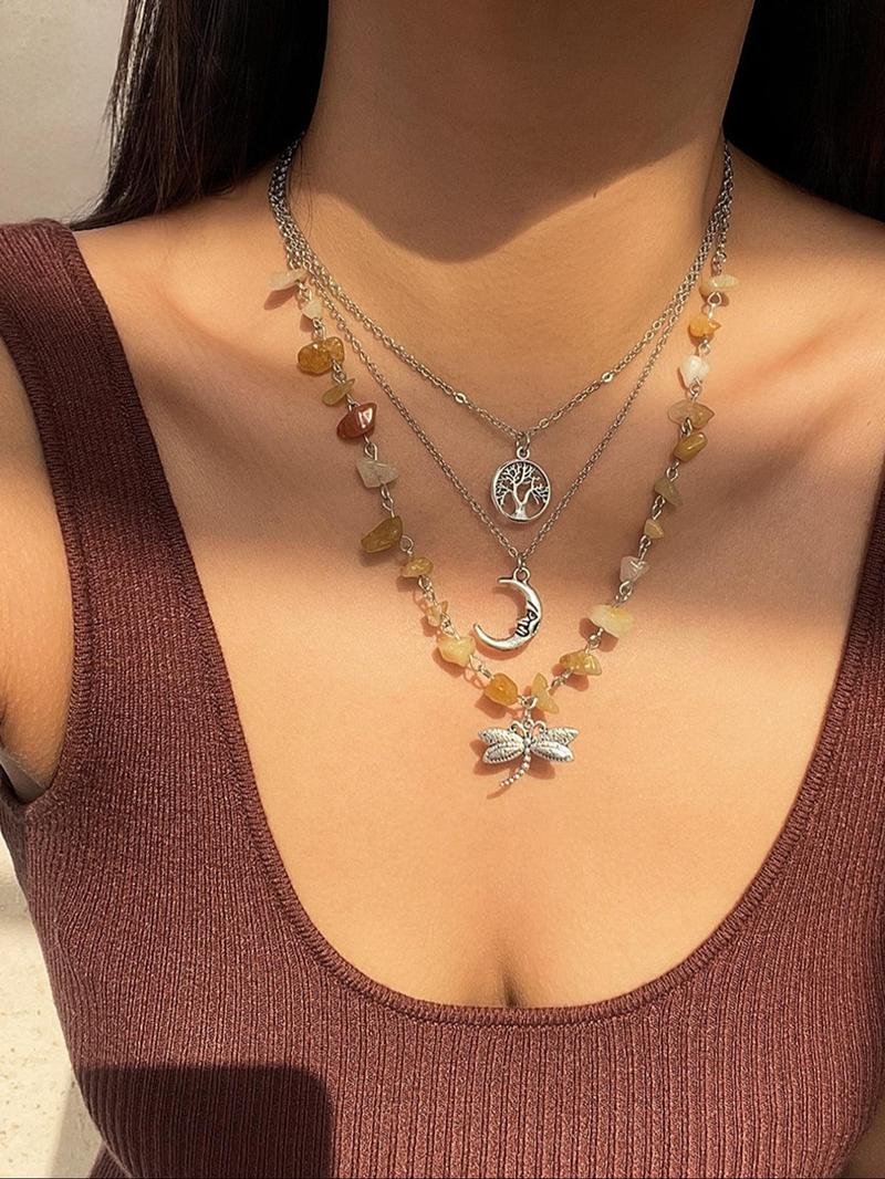 Women's Elegant Artificial Crystal & Star & Triple Moon Pendant Necklace, Fashion Jewelry for Party, Trendy All-match & Exquisite Jewelry for Gift, for Fall, Whimsical Necklace, Unique Gifts for Women, Statement Necklace, Necklace Stack