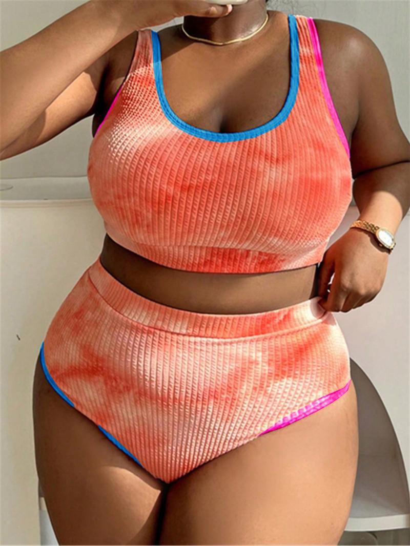 Two-Piece Set Plus Size Women's Tie Dye Print Contrast Binding Tankinis Set, Chic U Neck Swim Top & High Waist Swim Bottom, Women's Summer Outfits 2024, Tankini Bottoms Set