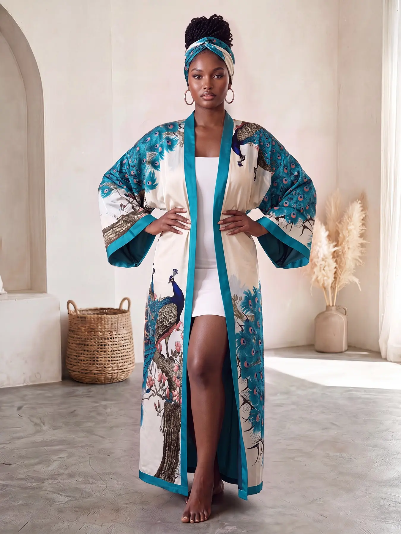Women's Home Bathrobe Set, Moo Moo Open Front Long Dress + Belt, Vintage Print Glossy Design, Casual Sleeveless Shawl for All Seasons