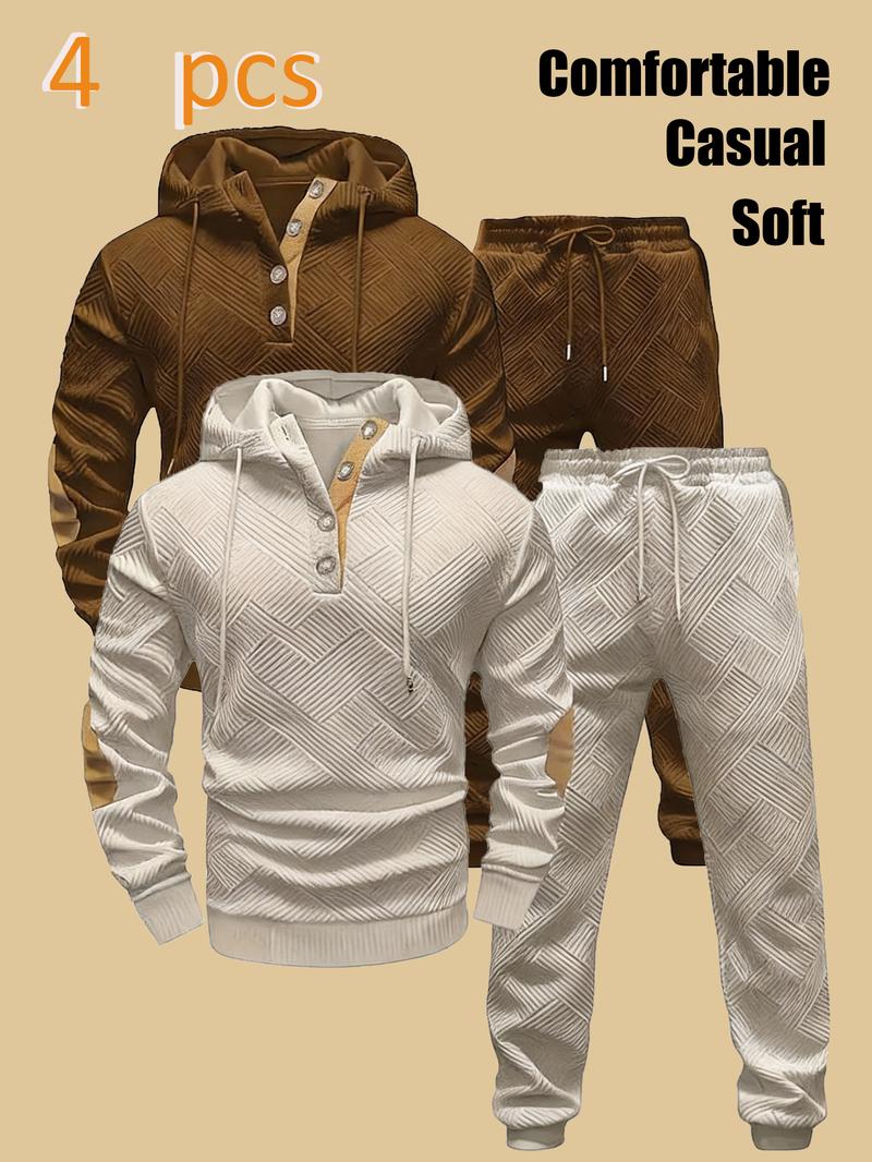 Men's Quilted Hooded Pullover with Half-Placket Buttons + Jogger Pants: Soft Casual Sportswear Set