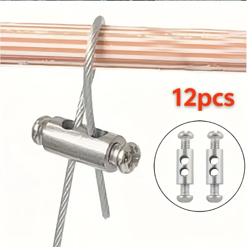 12 pcs adjustable wire rope lock, durable metal hook, suitable for 1-2mm cable screw fixing device, used for hanging lights, holiday decorations and outdoor camping locks.