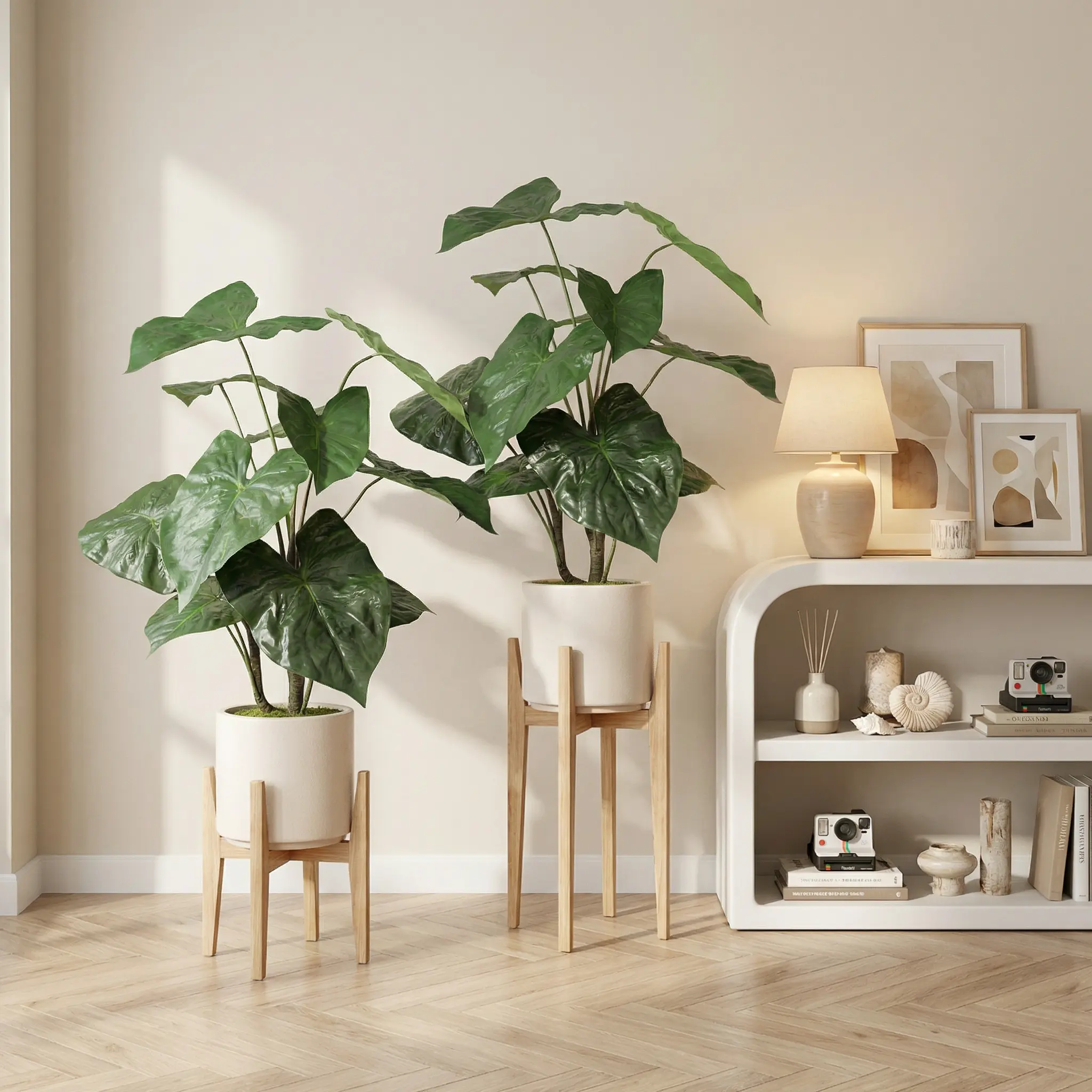 Nokaa 30in Artificial Tropical Alocasia Leaf Plant in White Pot, Realistic Faux Greenery for Home Office Decor, Plastic with Iron Frame, No Maintenance, 2-Piece Set, Modern Luxury Style, Green Leaves