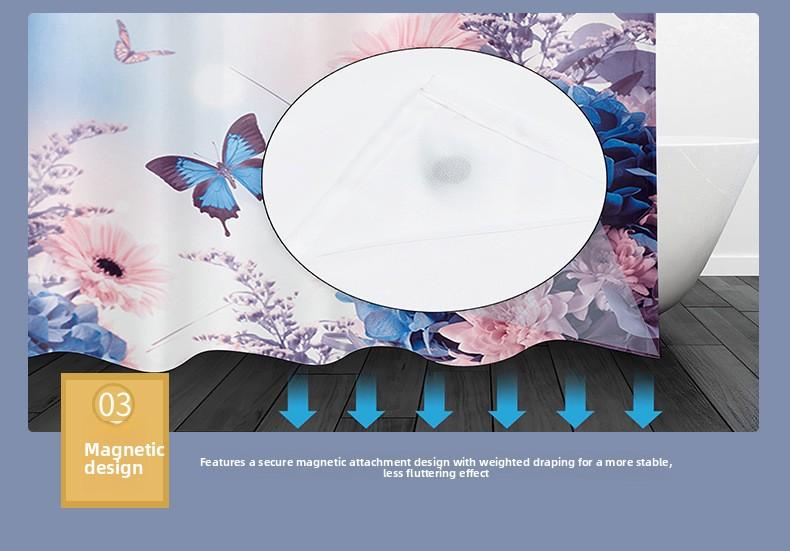 Snap Button Hookless Digital Print Waterproof Shower Curtain with Embedded Fabric Liner Set Lin Shower Curtain Partition