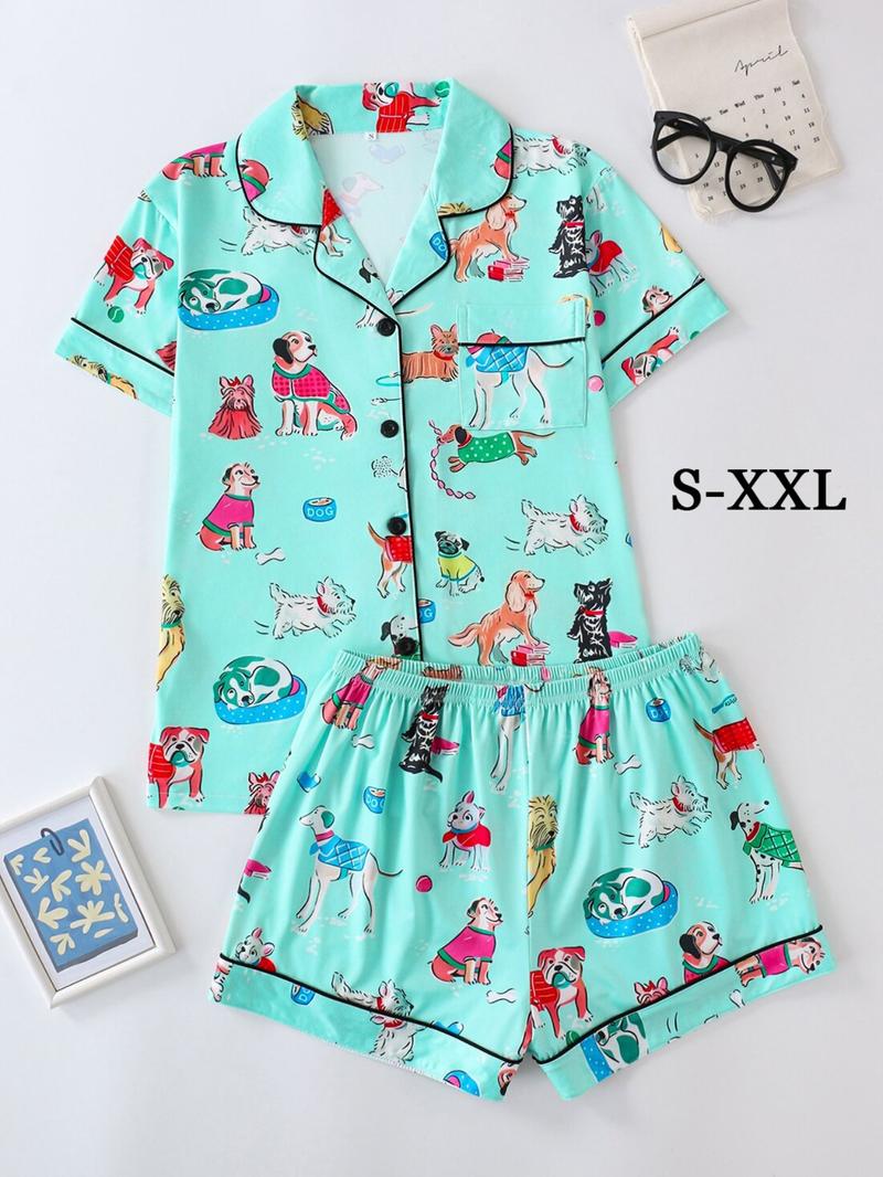 Women's Dog Print Top & Shorts Pajama Two-piece Set, Casual Comfy Short Sleeve Top & Shorts Pajama Set, Ladies Sleepwear for All Seasons, Loungewear, Womenswear, Sleep Pajamas Shorts