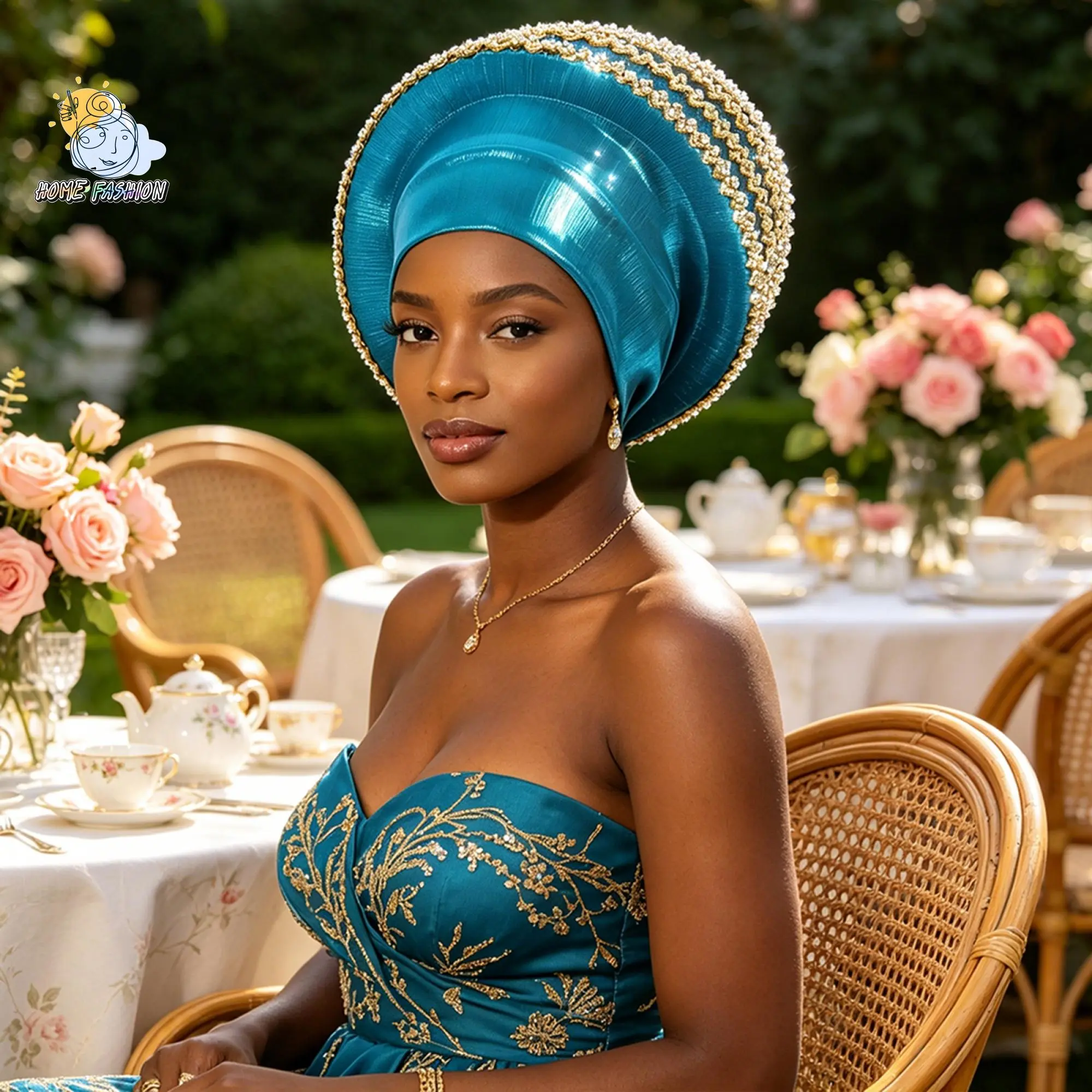 African Hats Luxury Sparkly Rhinestone Border Pleated Glossy Satin Pre-Made African Gele Turban Royal Blue Solid Color No Wrapping Design Bridal Wedding Church Evening Banquet Formal