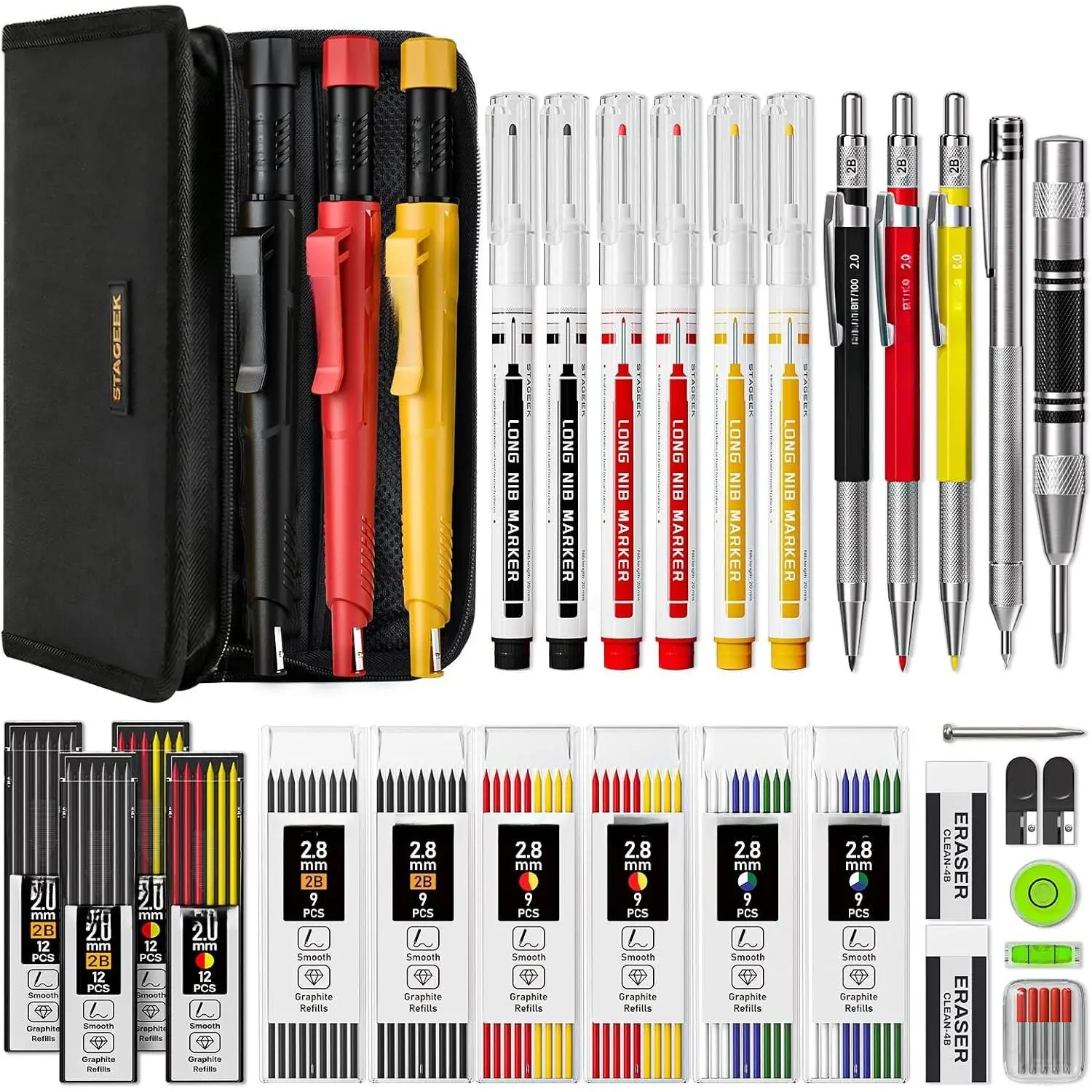 38 Pack Carpenter Pencils Set With 108 Refills, Construction Pencil With Sharpener, Deep Hole Long-Nib Marker Pens, Automatic Center Punch and Carbide Scribe Tool for Woodworking with Case