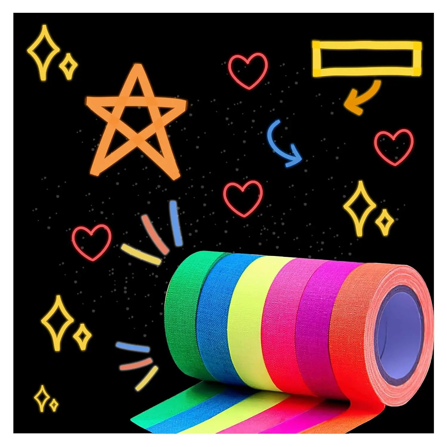 Neon Gaffer Cloth Tape,6 Rolls Multi-Color Blacklight ReactiveTape for Party Decoration,Fluorescent Tape,Neon Tape (0.6 inch x 16.4 )