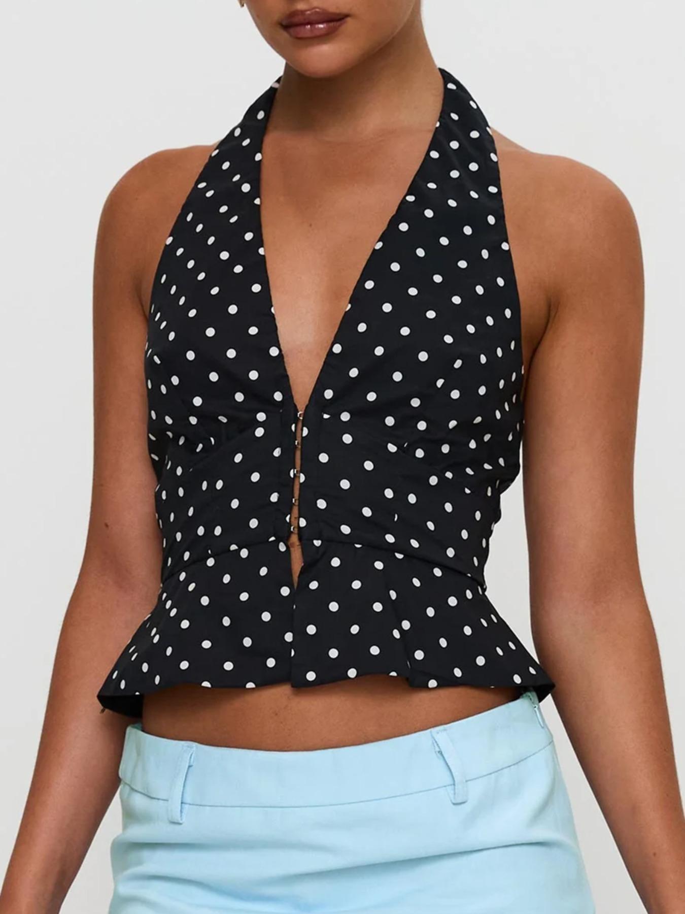 Women's Polka Dot Print Open Front Crop Tank Top, Casual Fitted Sleeveless Cropped Top for Summer, Women's Clothing for Daily Wear