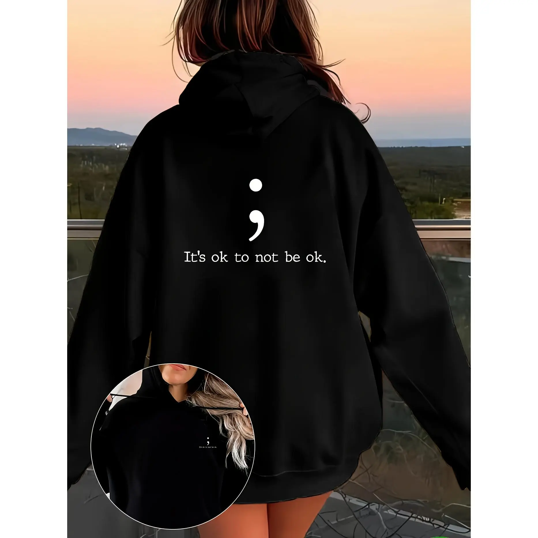 Easy Artistic Style, Left Chest White Semicolon Small Pattern, Back " ; It'S Ok to Not Be Ok." Text And Semicolon Design, Hoodie
