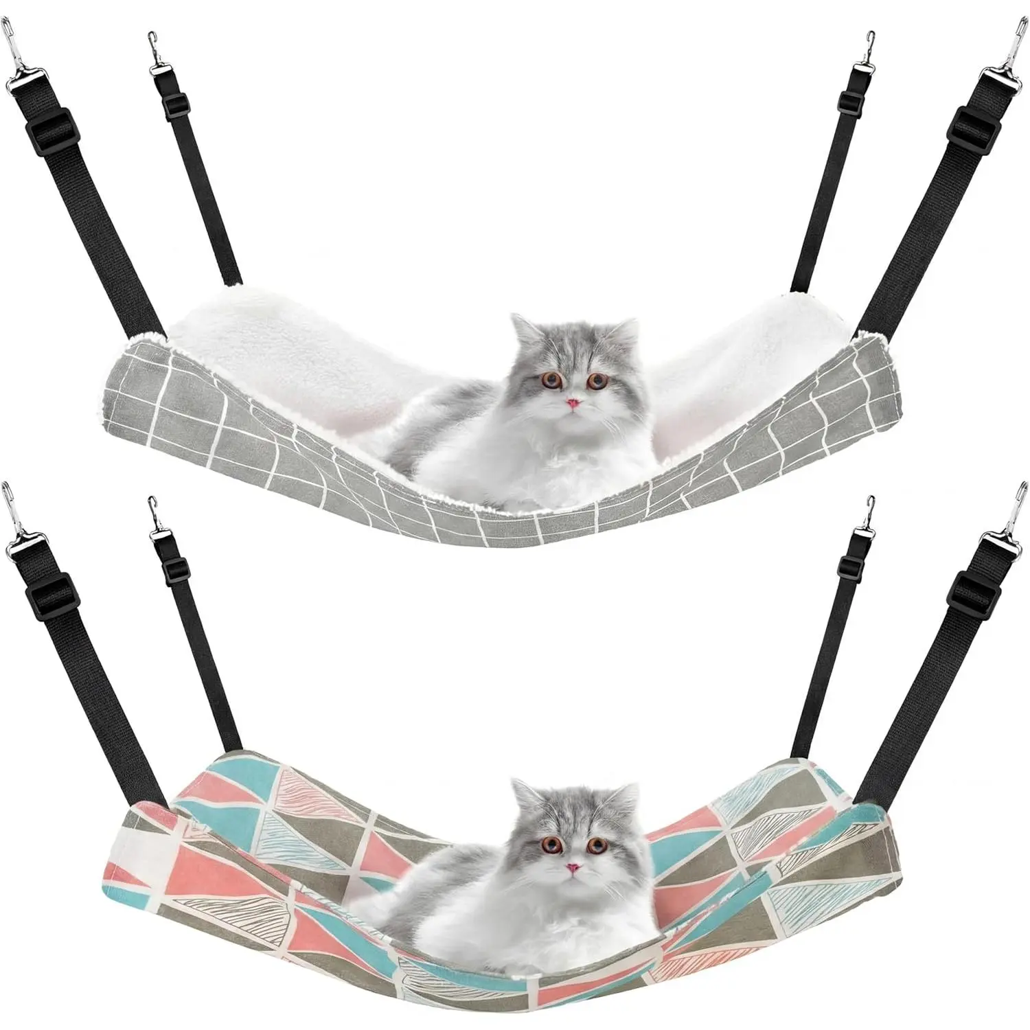 2 Pack Cat Hammock for Cage, Catio Accessories Reversible Soft Cats Bed with Adjustable Straps and Hooks Double-Sided Linen and Fleece Hanging Hammock for Cats, Kitten(Geometry Pattern,M)