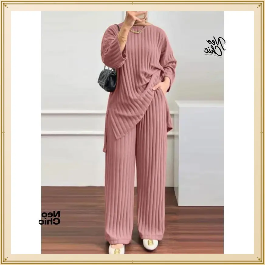 Relaxed Understated Long Sleeve Blouse Wide Leg Pants Sets Women Matching Sets Solid Islamic Clothing Muslim Tracksuit Outifits