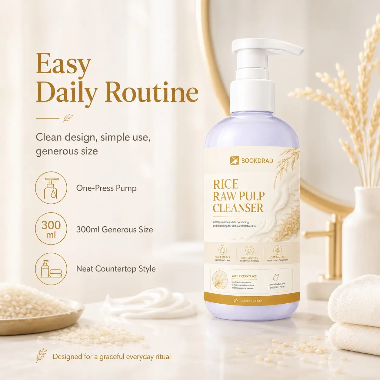 Rice Raw Pulp Cleanser, with rice extract, gentle cleansing, nourishing, hydrating, deep cleansing, removes impurities, soft and moist, for facial skin, all skin types, daily care, 300ml/10.14fl oz