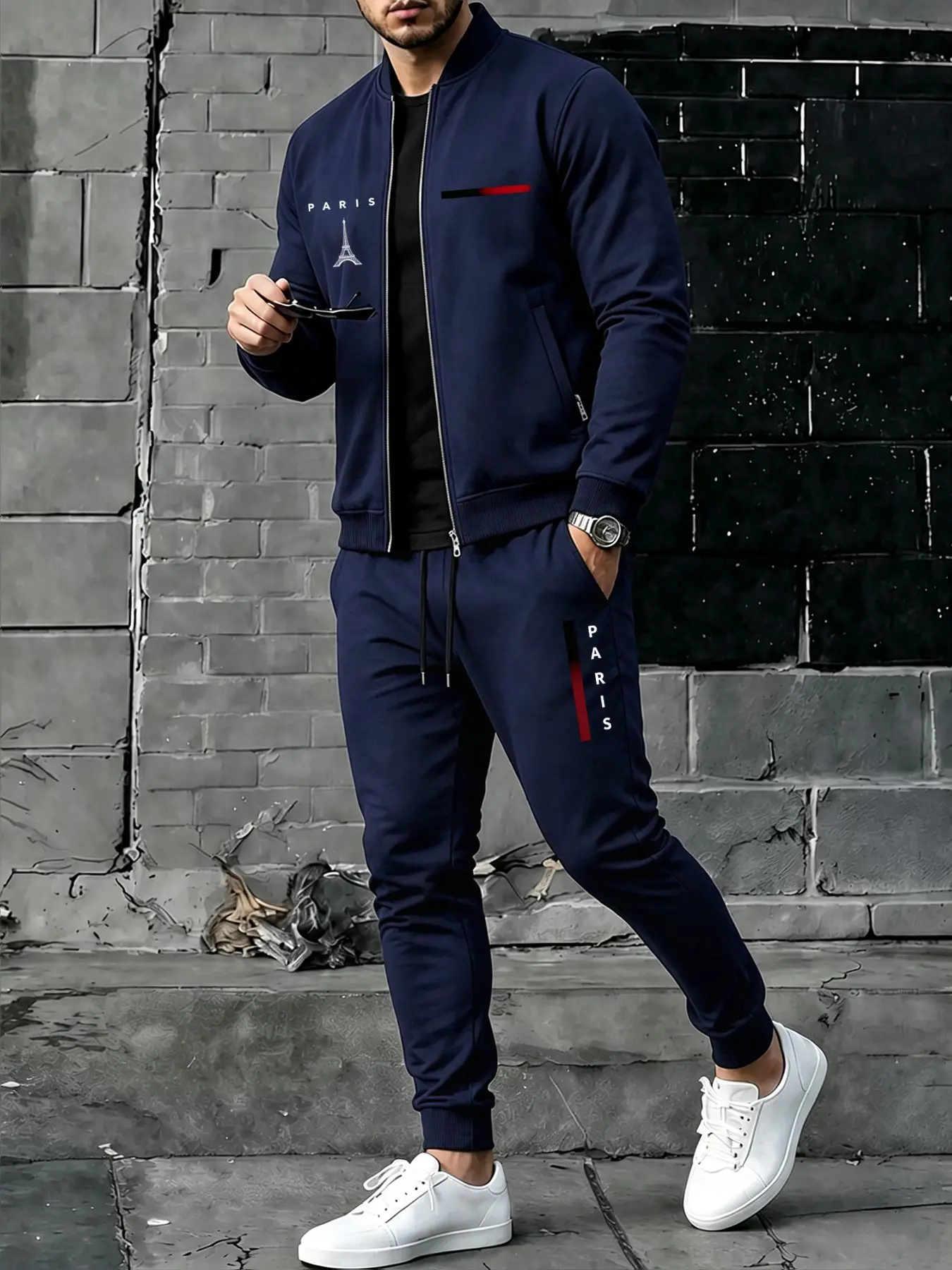 Men's Spring & Fall Baseball Neck Casual Sport Suit, Soft Breathable Stretch Fabric, Paris Eiffel Tower Letter Print, Daily Wear, Athletic Sets