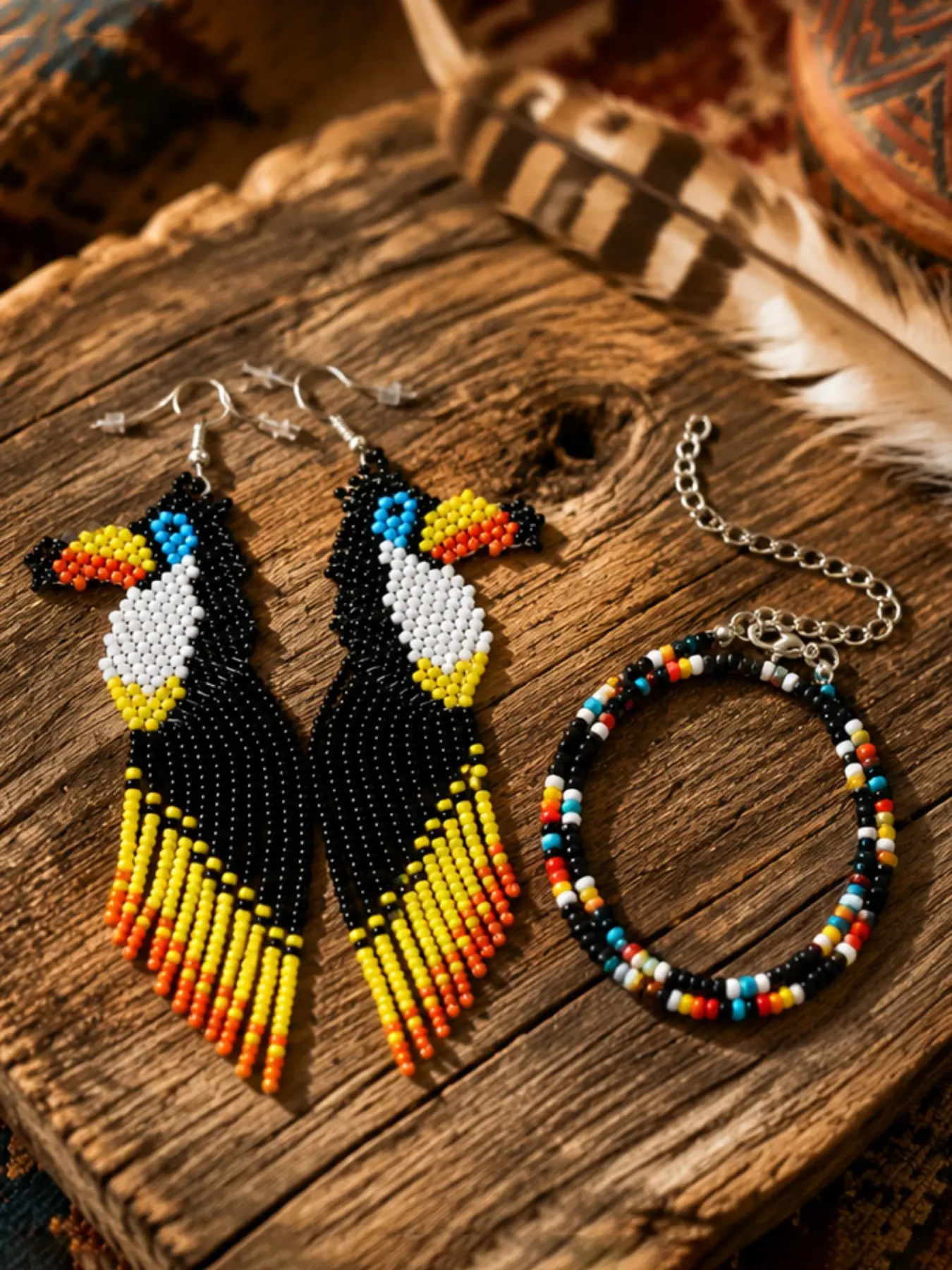 Boho Native American Toucan Beaded Earrings & Necklace Set, Handmade Seed Bead Tassel Dangle, Southwestern Tribal Jewelry for Women