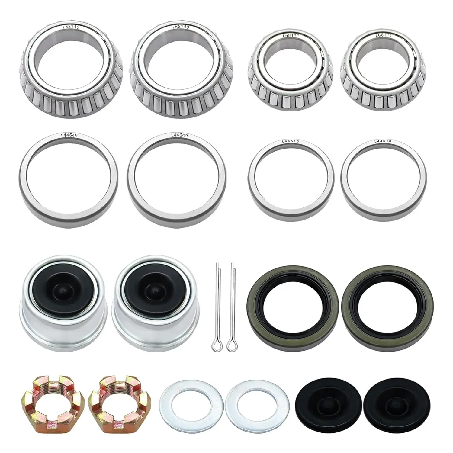 2 Sets 3500lb Trailer Bearing Kit L68149 L44649 with 171255TB Seals, Fits 1-3/8" to 1-1/16" Trailer Wheel Bearings, 1.98" Dust Caps, Rubber Plugs and Cotter PinsGift